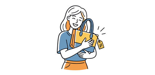 Woman Joyfully Hugging New Handbag Vector Illustration