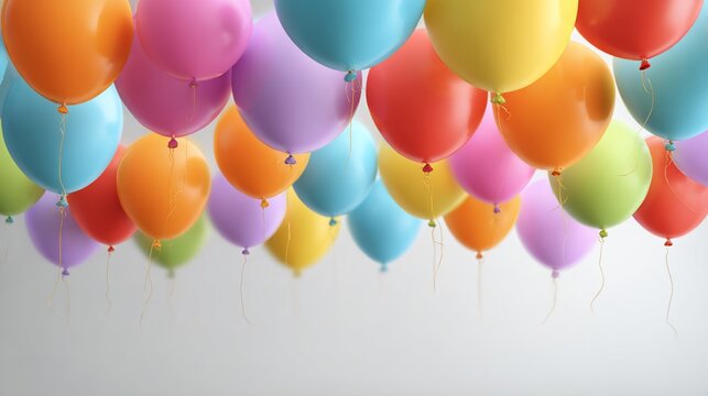 Colorful balloons floating up against a white background, for festive celebrations and party images