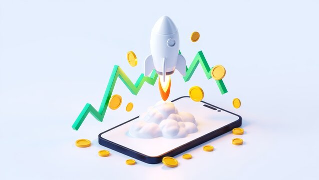 Isometric 3D illustration of a white rocket launching from a smartphone screen surrounded by floating gold coins and a green rising financial graph on a soft blue background
- Powered by Adobe
