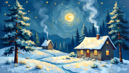 Fototapeta premium Winter wonderland scene with cozy cabins, snow, and a bright moonlit sky