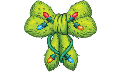 Bright green Christmas bows wrapped in colorful holiday lights – perfect festive clipart for Christmas designs, invitations, crafts, or winter decor projects.