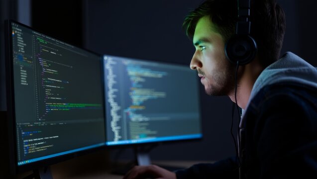 Side view close-up of a focused young Caucasian man wearing headphones coding on dual computer monitors in a dark room illuminated by blue screen light
