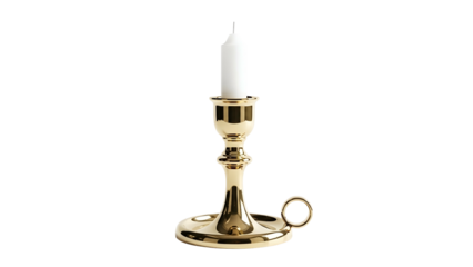 A shiny gold candlestick with a lit white candle against a black background