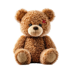 Adorable brown teddy bear with a red patch on transparent background