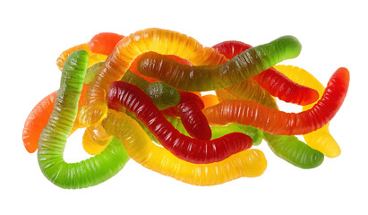 Colorful gummy worms in a tangled pile on transparent background