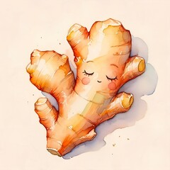 Cute watercolor illustration of a ginger root in kawaii style. The ginger character has a smiling face, rosy cheeks, and soft pastel colors, making it perfect for children’s books
