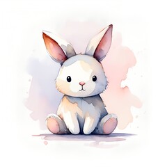 Adorable kawaii watercolor illustration of a soft fluffy bunny sitting with big ears and gentle expression, pastel background, perfect for nursery decor, children’s books, stickers