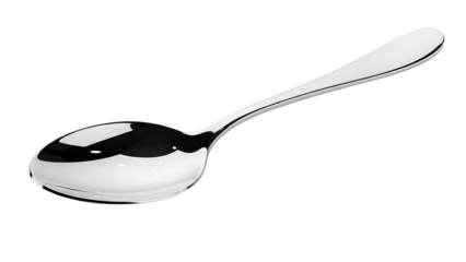 Gleaming, angled silver spoon against black background, reflecting light
