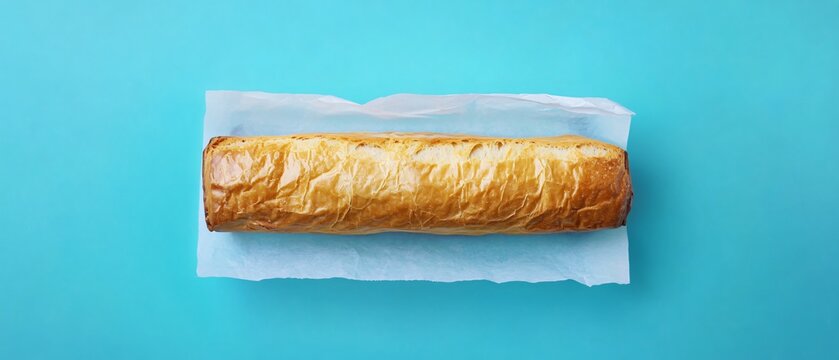 Crunchy baguette in paper on blue