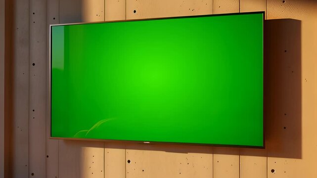 Slow zoom into a sleek television with a green screen chroma key display mounted on a concrete wall inside a sunny modern bedroom interior, ideal for technology mockups