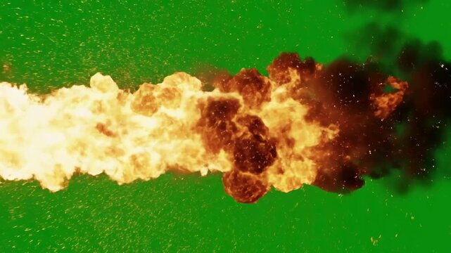 VFX Green Screen Fire with the vertically moving flame thrower starts shooting from right side to center of horizontally isolated by alpha channel transparent background distortion, overlay, glitch