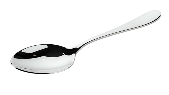 Gleaming, angled silver spoon against black background, reflecting light