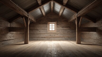 Empty attic interior featuring wooden beams, planks, window, and natural light, creating a rustic and atmospheric space