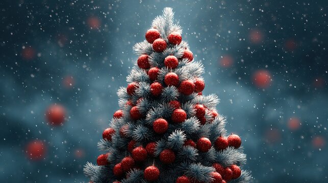 Festive christmas tree adorned with red ornaments under falling snow on a deep blue background