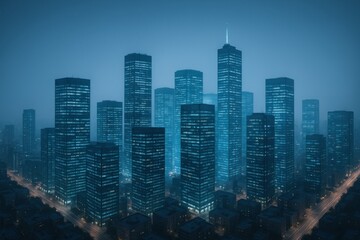 Fototapeta premium Modern Cityscape at Night: A Stunning View of Illuminated Skyscrapers and Urban Infrastructure