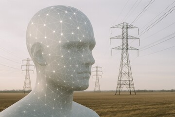Digital Head Overlooking Electrical Grid: Conceptual Image of Artificial Intelligence and Energy Infrastructure