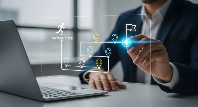 Strategic Roadmap Planning: Project Management & Digital Milestones. Personal Engagement Draw a Path from the Starting Point to the End Goal on a Digital Interface.