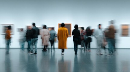 Blurred motion of people viewing art in a modern museum gallery