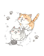 Obraz premium Adorable cartoon cats playing with a ball of yarn, a cute and playful illustration