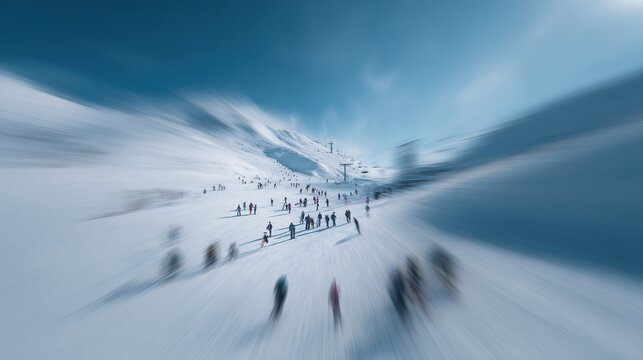 Radial blur effect on a busy mountain ski slope with people skiing and snowboarding under a blue sky