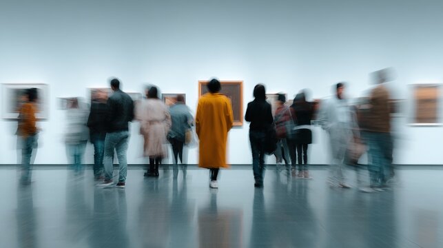 Blurred motion of people viewing art in a modern museum gallery