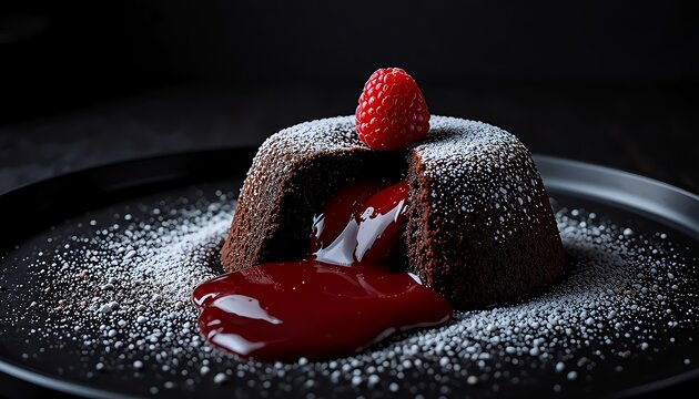 ​A dramatically lit, close-up shot of a rich chocolate lava cake (or moelleux au chocolat) served on a dark matte plate. 