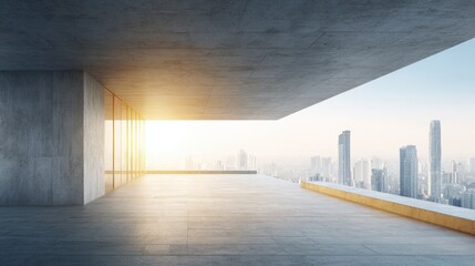 Obraz premium Modern Architecture Balcony with Cityscape View at Sunrise, Contemporary Design and Urban Landscape Concept