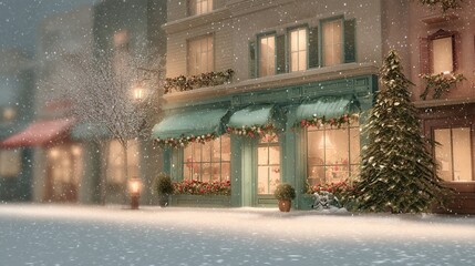 Enchanting winter street scene with snow falling on a festive shop, glowing lights, and Christmas tree