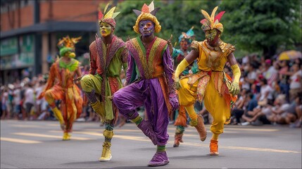 Vibrant dancers in colorful costumes performing at a street festival