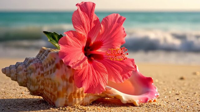 Pink hibiscus resting on a conch shell at the beach, ocean waves in the background