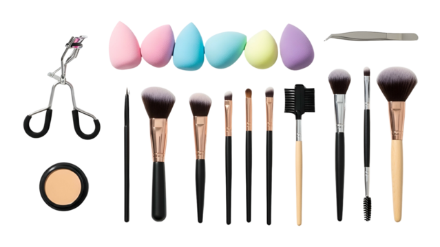 Assortment of makeup tools laid out, including sponges, brushes, eyelash curler & compact