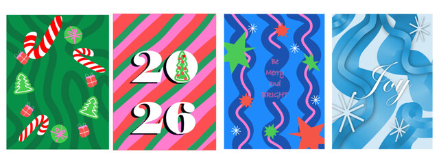 Christmas and New Year Greeting Cards. Fun vector illustrations for greeting card, party invitation card, website banner, social media banner, marketing abstract colorful background with stars,