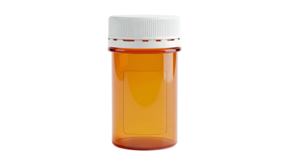 A clear, amber-colored medication bottle with a white, ribbed cap against a black background
