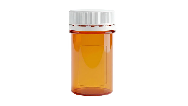 A clear, amber-colored medication bottle with a white, ribbed cap against a black background