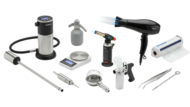 Assortment of kitchen tools on black background, including torches, scales, and hair dryer