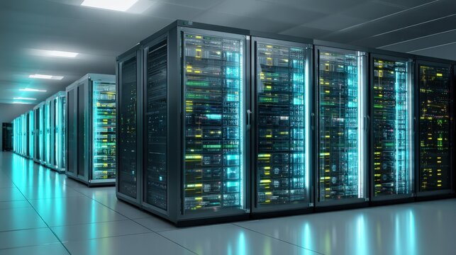 Modern data center filled with server racks, providing high-speed computing for global network infrastructure - Powered by Adobe