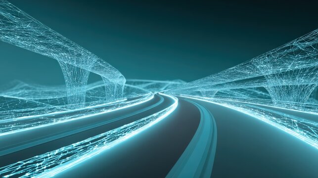 Futuristic Road Network Visualization with Digital Connectivity and Modern Transportation Infrastructure in Teal Tones