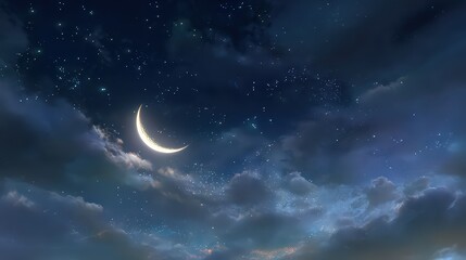 Crescent Moon Glowing In A Starry Night Sky With Clouds and Light Flares