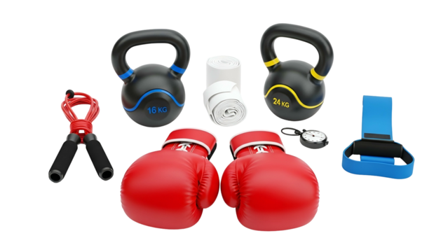 Assortment of exercise equipment arranged on a black backdrop for a fitness theme