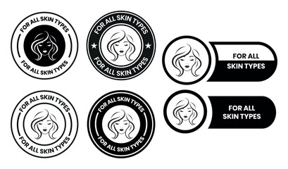 For all skin types label icon set. Face beauty women skin care packaging label for cream, toner, moisturizer, facial mask, lotion, logo, badge, symbol, black, line vector, isolated on white background