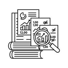 Financial analysis and accounting documents with magnifying glass isolated on