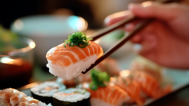 Sushi Chef Hand Using Chopsticks Picking Salmon Nigiri in Modern Japanese Restaurant