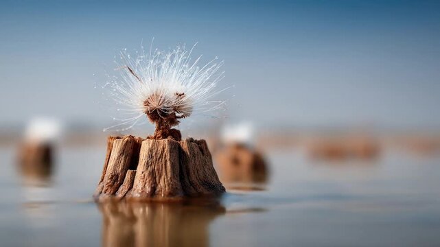A close-up showcases a unique, delicate flora specimen atop a submerged wooden stump, with blurred distant objects
