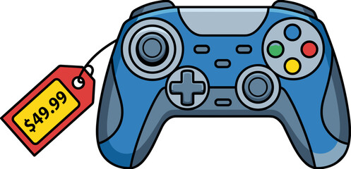 Vector illustration of a gaming controller with a hanging price tag