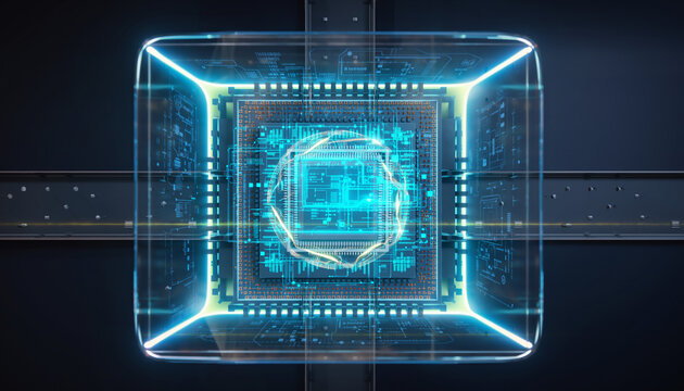 The Processor: A futuristic, glowing computer processor showcases the intricate architecture of modern technology, symbolizing the core of digital advancement.