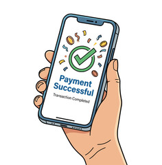 Vector illustration of a hand holding a smartphone displaying Payment Successful
