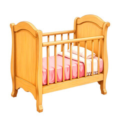 Classic wooden baby crib with pink bedding and white pillow (Transparent Background)