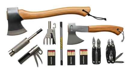Survival gear arrangement, including axes, multi-tools, a fire starter, and matches
