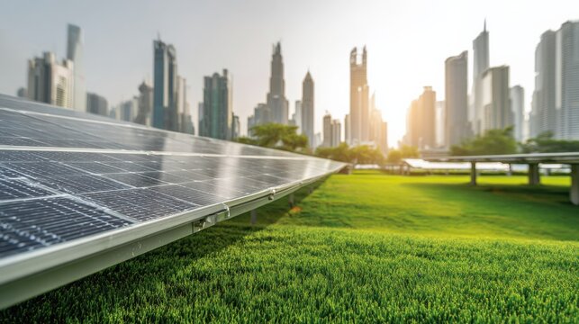 Sustainable Energy Solutions: Solar Panels in Urban Environment with Modern Cityscape Background