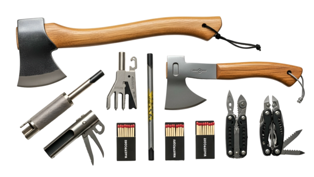 Survival gear arrangement, including axes, multi-tools, a fire starter, and matches